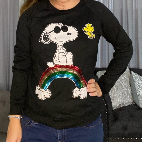Peanuts Tops - Peanuts Snoopy and Woodstock black Sequin rainbow graphic Sweatshirt